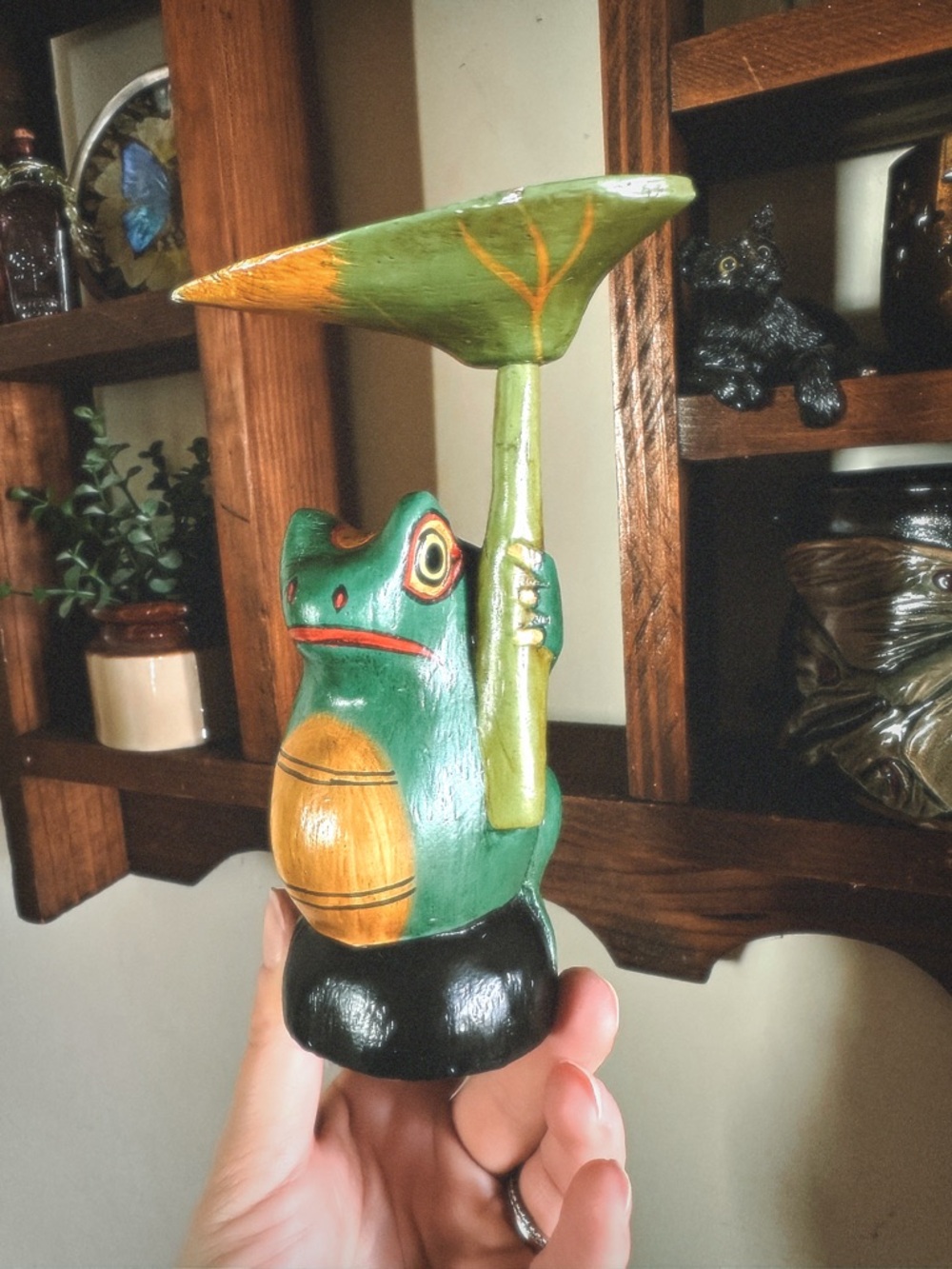 Hand-Carved Green Frog Figurine with Leaf Umbrella
